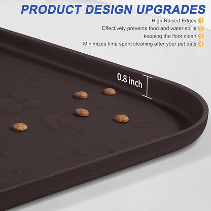 Silicone Pet Feeding Mat with Raised Edge for Food and Water, Dog Bowl Mats, Cat Bowls Placemat with High Lip for Floor Waterproof, Rubber Tray for Cats and Dogs 22 x 14 x0.8 Dark Brown