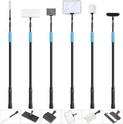 AquaMiracle 6 in 1 Aquarium Cleaning Tool Kit Fish Tank Cleaning Kit for 20-160 Gallon Tank with Telescopic Long Handle, Algae Scraper, Scrubber Pads, Tube Cleaner, Fish net, Gravel Rake