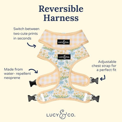Lucy & Co. Sunshine and Daffodils Reversible Dog Harness, Adjustable Comfort Fit with Dual Leash Attachments, X-Small