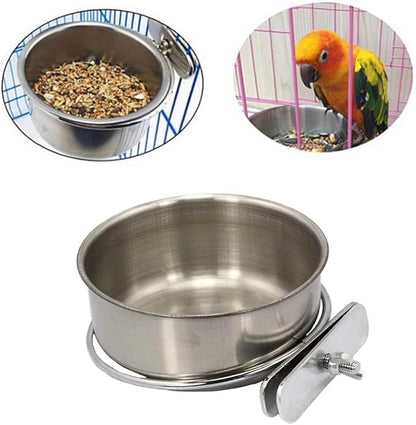 PINVNBY 2PCS Parrot Feeding Cups Birds Food Dish Stainless Steel Parrot Feeders Water Cage Bowls with Clamp Holder for Cockatiel Conure Parakeet Macaw Small Animal (Size: L)
