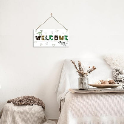 Welcome Sign for Front Door, Playroom Wall Decor, Dinosaur Theme Wall Hanging Decor, Gift for Dinosaur Lover, Funny Wooden Outdoor Front Door Hanging Decoration 13.8X6.9 inches