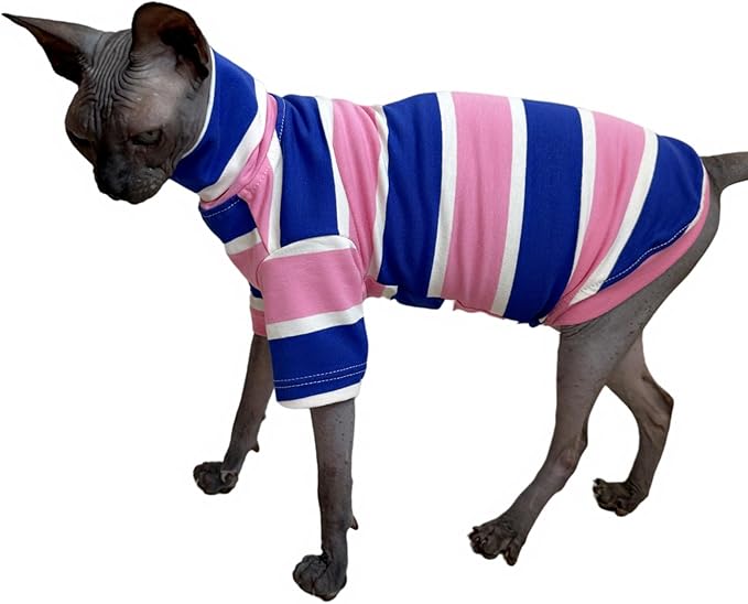 Vintage Stripes Sphynx Hairless Cats Shirt Cotton Cat Turtleneck Pet Clothes Kitten T-Shirts with Sleeves for Sphynx Cats (Wide Pink Blue Stripe, Small)