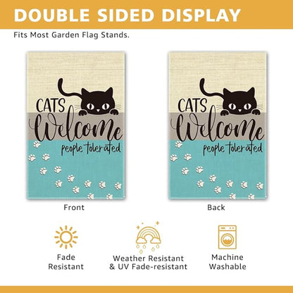 Cats Welcome People Tolerated Garden Flag, Pet Lover Porch Flag, Outdoor Home Decor Double Sided Yard Flags Banner for Patio Lawn, Cat Lovers Gifts for Women, Cat Owner Gifts