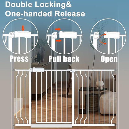 57.5-62" Extra Wide Baby Gate for Doorways,30" Tall Double Lock Mechanism Metal Dog Gate Pressure Mount，Automatic Closing Child Safety Gate,White