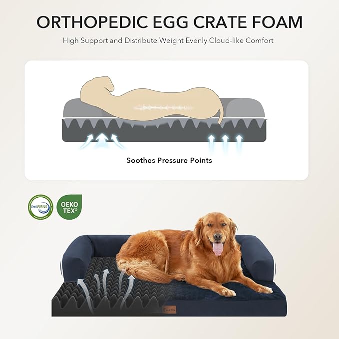 Orthopedic Dog Beds for Extra Large Dogs, Waterproof Egg Crate Foam XL Dog Bed with Sides 48x30Inch, Big Dogs Couch Beds with Removable Washable Cover and Nonskid Bottom, Navy Blue