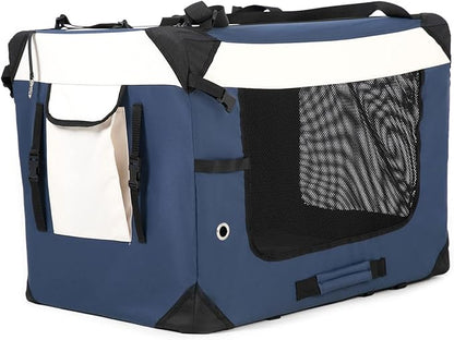 Collapsible Dog Travel Crate,Portable Soft-Sided Pet Carrier Extra Large Cat Carrier with Soft Plush Plush Mat for Indoor and Outdoor,28x20x20in,Navy Blue