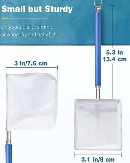 Pawfly 3 Inch Tiny Fish Tank Net, Aquarium Shrimp Net with Extendable Stainless Steel Handle for Shrimp Baby, Food Residue Debris, Soft Square Fine Mesh for Fish Tanks & Small Ponds