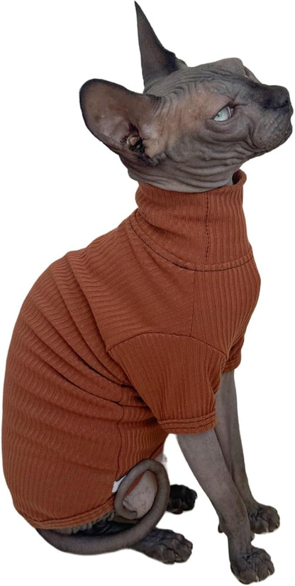 Sphynx Hairless Cats Shirt Cotton Cat Turtleneck Sweater Pullover Kitten T-Shirts with Sleeves Cat Pajamas Jumpsuit for Sphynx Cornish Rex, Devon Rex, Peterbald (Coffee, X-Large (Pack of 1))