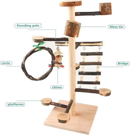 HOSUKKO Bird Playground Parrots Play Stand Wood Perches Stand, Bird Gym Playpen Platform Ladder with Feeder Cups for Cockatiels Budgies Lovebirds, Brown