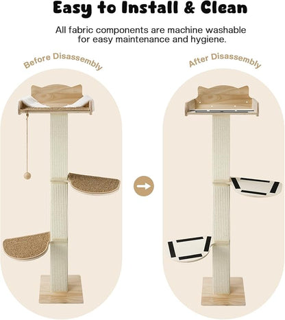 Solid Wood Cat Window Perch with 2 Jumping Platforms, Cat Hammock for Window with Scratching Post, Sisal Tall Cats Scratching Post with Large Perch, Wooden Cats Window Bed with 2 Suction Cups