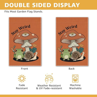 Stay Weird Garden Flag, Funny Frog Mushrooms Summer Yard Flag for Outside, Double Sided Yard Outdoor Farmhouse Lawn Porch Garden Banner, Housewarming Gifts for Frog Lover Friend Family Neighbor
