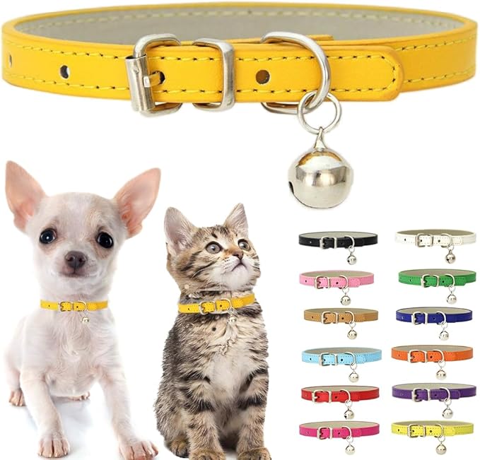 Gold XS Dog Collar with Bell, Soft Pu Leather Cat Collars Adjustable Buckle for XXS Extra Small Medium Tiny Female Male Boys Girls Pets Puppy Kitten Teacup Yorkie X-Small