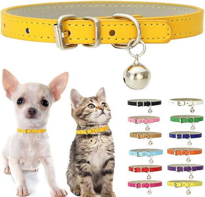 Gold XS Dog Collar with Bell, Soft Pu Leather Cat Collars Adjustable Buckle for XXS Extra Small Medium Tiny Female Male Boys Girls Pets Puppy Kitten Teacup Yorkie X-Small