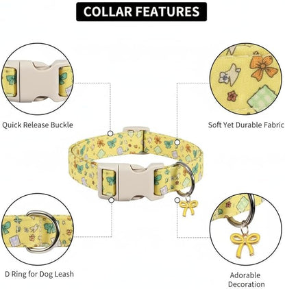 Bow Dog Collar for Large Dogs, Cute Dog Collar with Bow Print and Charm, Pet Collar with Soft Fabric and Quick Release Buckle, Adjustable for Extra Small, Small, Medium & Large Dogs