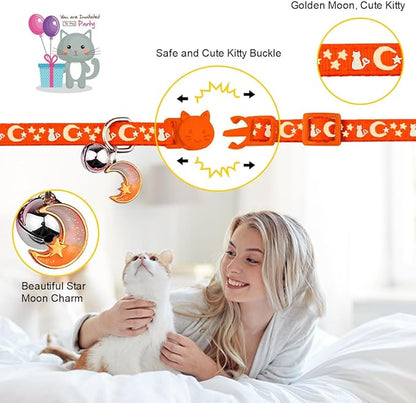 Baeuppit 2PCS Breakaway Cat Collars with Bell Cute Kitty Glow in The Dark Adjustable Kitten Collars(Orange&Black)
