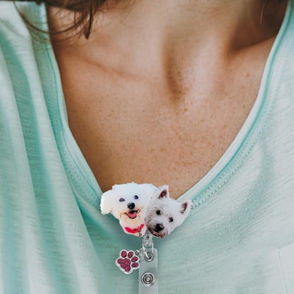 callie Personalized Pet Badge Reel - Custom Dog & Cat Photo, Cute ID Badge Holder Retractable with Alligator Clip & Paw Charm, Gifts for Dog Lover Nurse Vet Doctor（3 Pets）