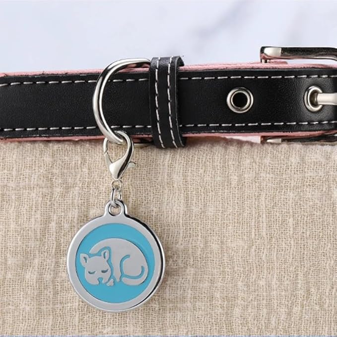 Personalized Pet ID Tags for Kittens and Cats - Custom cat Name tag and ID tag for Collar (Purple, Sleeping Cat Round-Small)