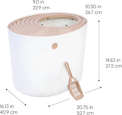 IRIS USA Cat Litter Box, Large Top Entry with Litter Catching Lid and Scoop, Dog Proof, Cat Box Enclosure, Beige/White