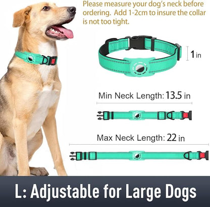 Airtag Dog Collar with AirTag Holder for Large Dogs, Reflective, Soft Padded & Safety Locking Buckle, Nylon Pet Collars Adjustable for All Breeds, Teal,L