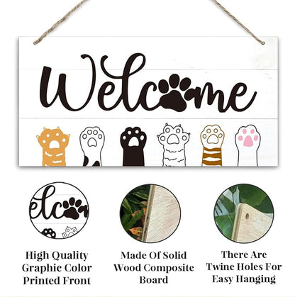 Welcome Sign for Front Door, Welcome Decor Wooden Hanging Sign With Cat Cat's Paw Pattern, Cat Theme Wall Hanging Decor, Funny Wooden Outdoor Front Door Decoration 13.8X6.9 inches