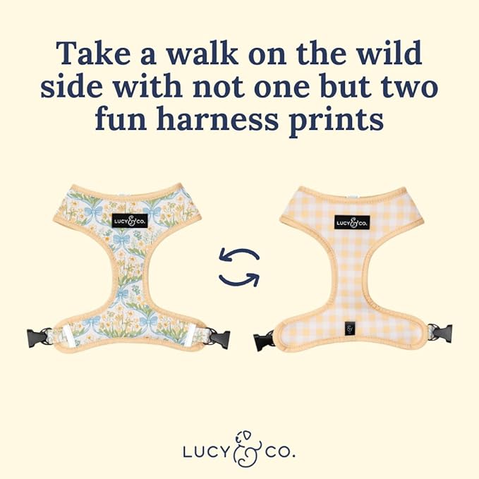 Lucy & Co. Sunshine and Daffodils Reversible Dog Harness, Adjustable Comfort Fit with Dual Leash Attachments, X-Small