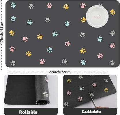 Pet Feeding Mat Absorbent Dog Mat for Food and Water Non Slip Quick Dry Dog Bowl Mats for Floors 27" X 17" Paw Dark Gray