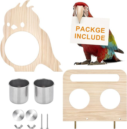 Feeder with Acrylic Mirror & Stainless Steel Bowls, Natural Wood Perch, Cage Accessories, Parakeet Cage Supplies, Tool-Free Adjustable Kit for Parakeet, Cockatiel & Lovebird