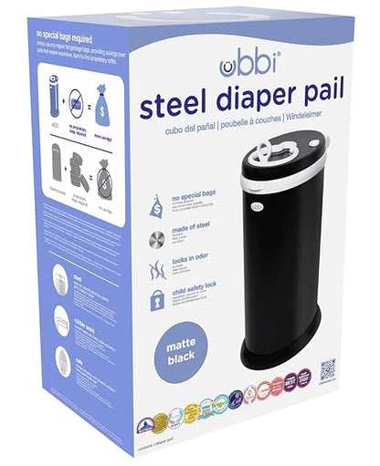 Ubbi Steel Diaper Pail, Odor Locking, No Special Bag Required, Award-Winning, Registry Must-Have, Matte Black