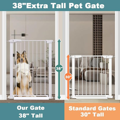 Fairy Baby 38" Extra Tall Dog Gates Indoor, 81.9"-84.6" Extra Wide Baby Gates for Large Openings, Metal Auto Close Safety Child Gate Indoor, Pressure Mounted Pet Gate No Climb Fence, White