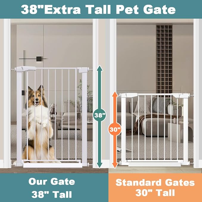 Fairy Baby 38" Extra Tall Baby Gate for Stairs Doorways, Extra Wide 54.4" to 59.8" Safety Dog Gate for House, Auto Close Pressure Mounted Easy Walk Through Pet Gate with Door, White