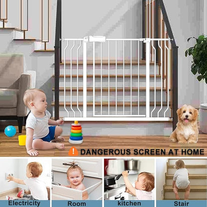 Extra Wide Baby Gates 71.5-76.3 Inch White Pressure Mounted Baby Gate Indoor Safety Gates Pressure Mounted Child Gate for Stairs Doorways Hallways