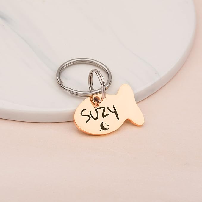 Anavia Small Size Dog Cat ID Tags, Small/XS Personalized Color Plated Stainless Steel Puppy Kitten Name Tags, Customized Engraved Nameplate Pet Collar Tag (Rose Gold, Fish)