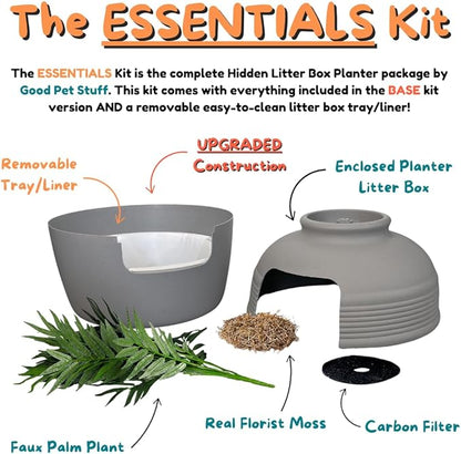 Good Pet Stuff Hidden Litter Box Planter, Decorative Cat Litter Enclosure with Carbon Filter, Artificial Plant, Easy Clean, Removable Liner, Round Style, Essentials Kit, Pebble Gray