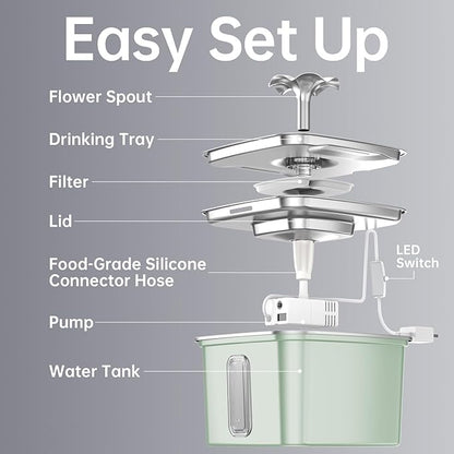 Veken Innovation Award Winner Stainless Steel Cat Water Fountain, 108oz/3.2L Automatic Pet Fountain Dog Water Dispenser with Replacement Filters & Silicone Mat for Cats, Dogs (Tea Green)