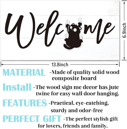 Welcome Sign for Front Door, Welcome Decor Wooden Hanging Sign for Cats Lover, Funny Cat Pattern Wall Decor, Rustic Funny Wooden Outdoor Front Door Hanging Decoration 13.8X6.9 inches