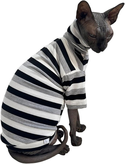 Vintage Stripes Sphynx Hairless Cats Shirt Cotton Cat Turtleneck Pet Clothes Kitten T-Shirts with Sleeves for Sphynx Cats (Black Grey White, XX-Large)