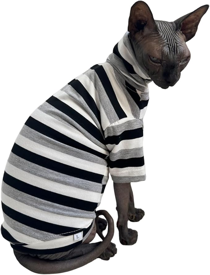 Vintage Stripes Sphynx Hairless Cats Shirt Cotton Cat Turtleneck Pet Clothes Kitten T-Shirts with Sleeves for Sphynx Cats (Black Grey White, X-Large)