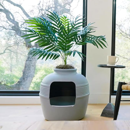 Good Pet Stuff Hidden Litter Box Planter, Decorative Cat Litter Enclosure with Carbon Filter, Artificial Plant, Easy Clean, Removable Liner, Round Style, Essentials Kit, Pebble Gray