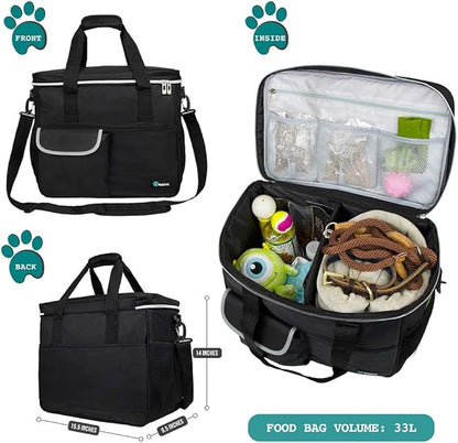 PetAmi Dog Travel Bag - Organizer with Food Container, Bowls & Accessories for Weekend Camping, Cat Diaper Bag (Black, Large)