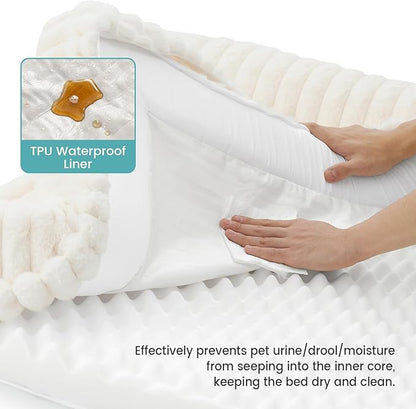 Cute Dog Bed, Faux Rabbit Fur Orthopedic Foam Dog Bed with Sides, Removable Washable Cover & Waterproof Lining, Comfortable Pet Couch for Medium Dogs, Cream (36" L x 27" W x 6.5" Th)