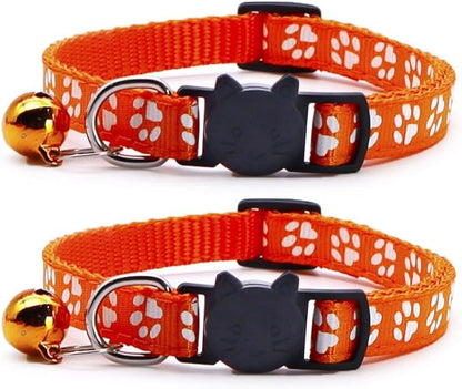 Reflective Cat Collars Breakaway with Bell 2-Pack Girl Boy Pet Kitten Collar with Star Moon Patetrn Adjustable 7.5-12.5 Inch (Orange)