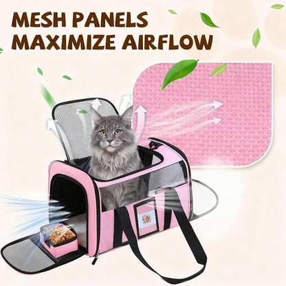 Soft Cat Carrier for Pets Up to 15 lbs, TSA Approved for Airline in-Cabin, Cat Travel Bag with Detachable Cat Food Bowl, Pet Carriers for Small Dogs, Waterproof Travel Puppy Carry, Pink