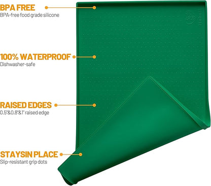 Hubulk Dog Feeding Mat,100% Waterproof Food Grade Silicone Pet Food and Water Bowl Placemat,Dishwasher, High Raised Edge to Prevent Spills,Nonslip Tray to Stop Messes on Floor（28"x18"x0.8",Hunter ）