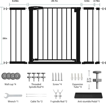 Mumeasy 29.7–48" Baby Gate for Stairs, Dog Gate for Doorways, Auto Close Child Gate, Indoor Safety Pet Gate with Walk Thru Door, Easy Install Pressure Mounted Extra Wide Gate for Kitchen, House, Black