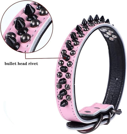 Spiked Studded Dog Collar, Genuine Leather Dog Collar, Adjustable Pet Collars for Medium Large Bulldog Pitbull Mastiff Poodle Boxer (M:29-38cm, Pink)