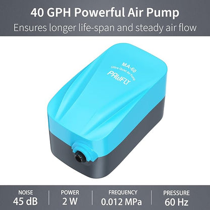 Pawfly Aquarium Compact Air Pump for 3-20 Gallon Buckets and Fish Tanks Quiet Oxygen Aerator Pump with Air Stone, Nano Bio Sponge Filter, Airline Tubing and Check Valve Accessories