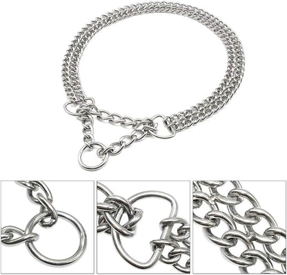 Silver Dog Choker Collar,2 Rows Stainless Steel Dog Chain Cuban Link Metal Martingale Collar Heavy Duty Training Choke Collar for Small Medium Large Big Breed (Silver, L(Neck Max 20inch) D3.0mm)