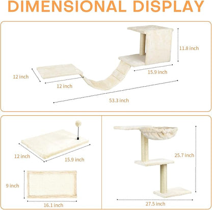 Cat Wall Shelves, Multi-Level Cat Climbing Furniture, Space-Saving Wall-Mounted Cat Climber Set with Perches,Bridge,Hammock,Scratching Board & Ball for Indoor Cat Play (Beige)
