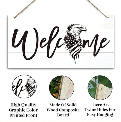 Welcome Sign for Front Door, Welcome Decor Wooden Hanging Sign, Patriotic Theme American Bald Eagle Pattern Wall Hanging Decor, Funny Wooden Outdoor Front Door Decoration 13.8X6.9 inches