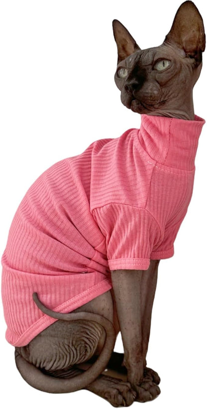 Sphynx Hairless Cats Shirt Cotton Cat Turtleneck Sweater Pullover Kitten T-Shirts with Sleeves Cat Pajamas Jumpsuit for Sphynx Cornish Rex, Devon Rex, Peterbald (XX-Large (Pack of 1), Rosey Pink)